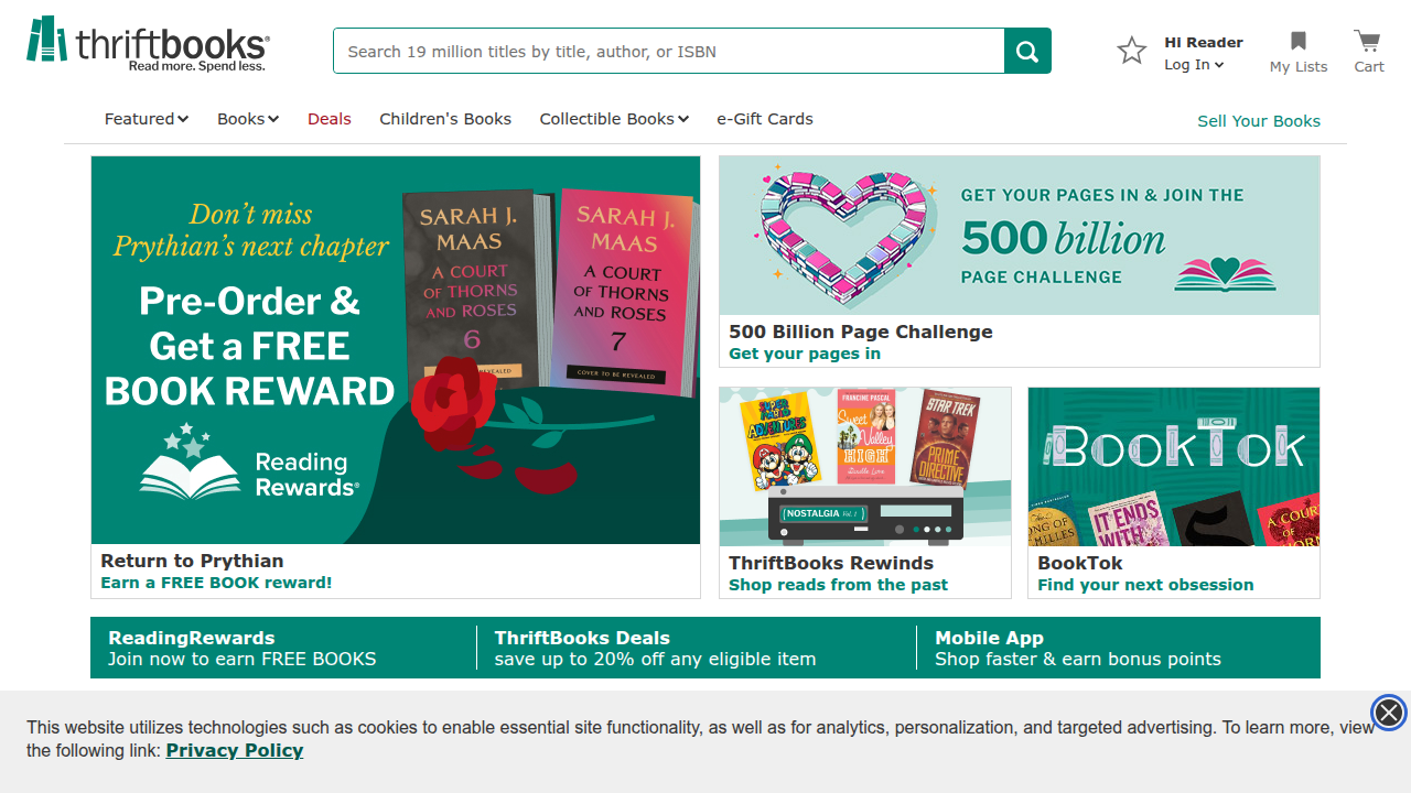 The ThriftBooks homepage, a popular online retailer for finding used books at significant discounts.