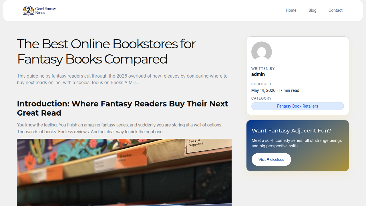 Screenshot of 'The Best Online Bookstores for Fantasy Books Compared' guide on GoodFantasyBooks.com, a resource for finding books by Lexile score and age.