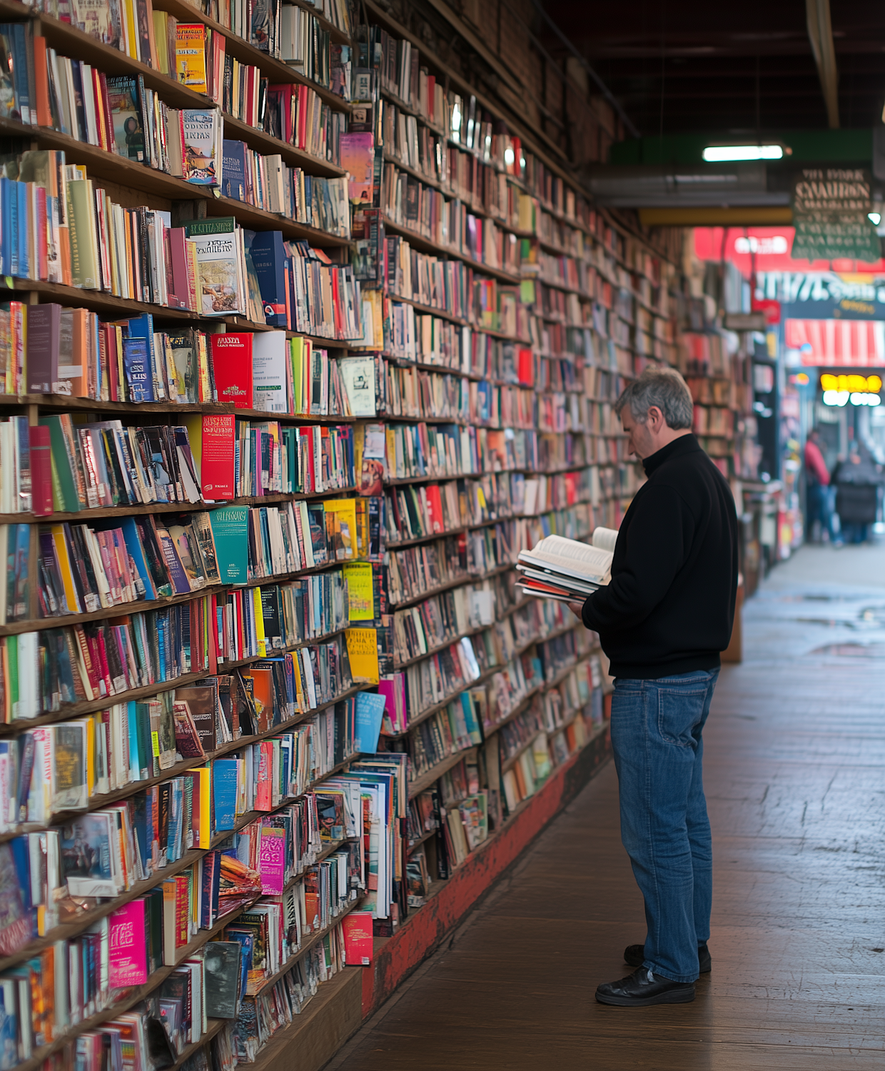A person stands in a large bookstore's fantasy section, looking overwhelmed by the vast number of books, symbolizing the challenge of choosing a starting point for a popular author.