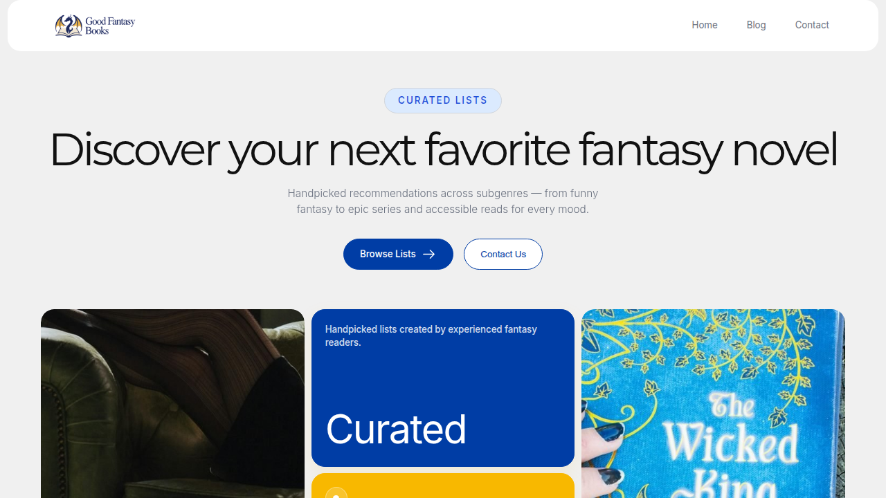 Screenshot of the Good Fantasy Books homepage, a resource for discovering epic reads and other fantasy recommendations.
