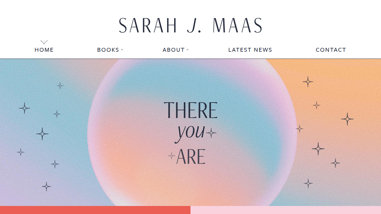 Screenshot of the official Sarah J. Maas website homepage, highlighting information about her various book series and universe.