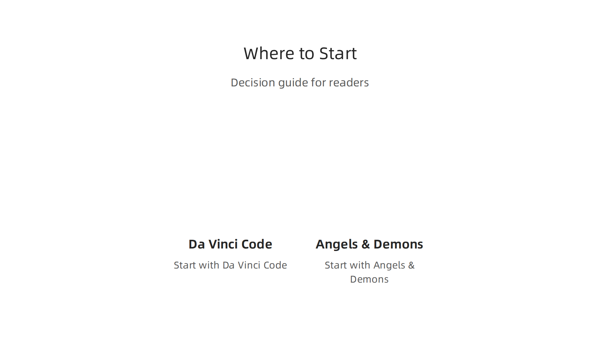 A decision tree infographic guiding new readers on whether to start with 'The Da Vinci Code' or 'Angels & Demons' based on their preferences.