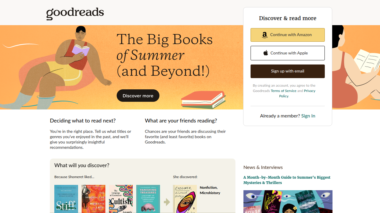 A screenshot of the Goodreads homepage, a popular platform for discovering books, tracking reading, and viewing series lists.