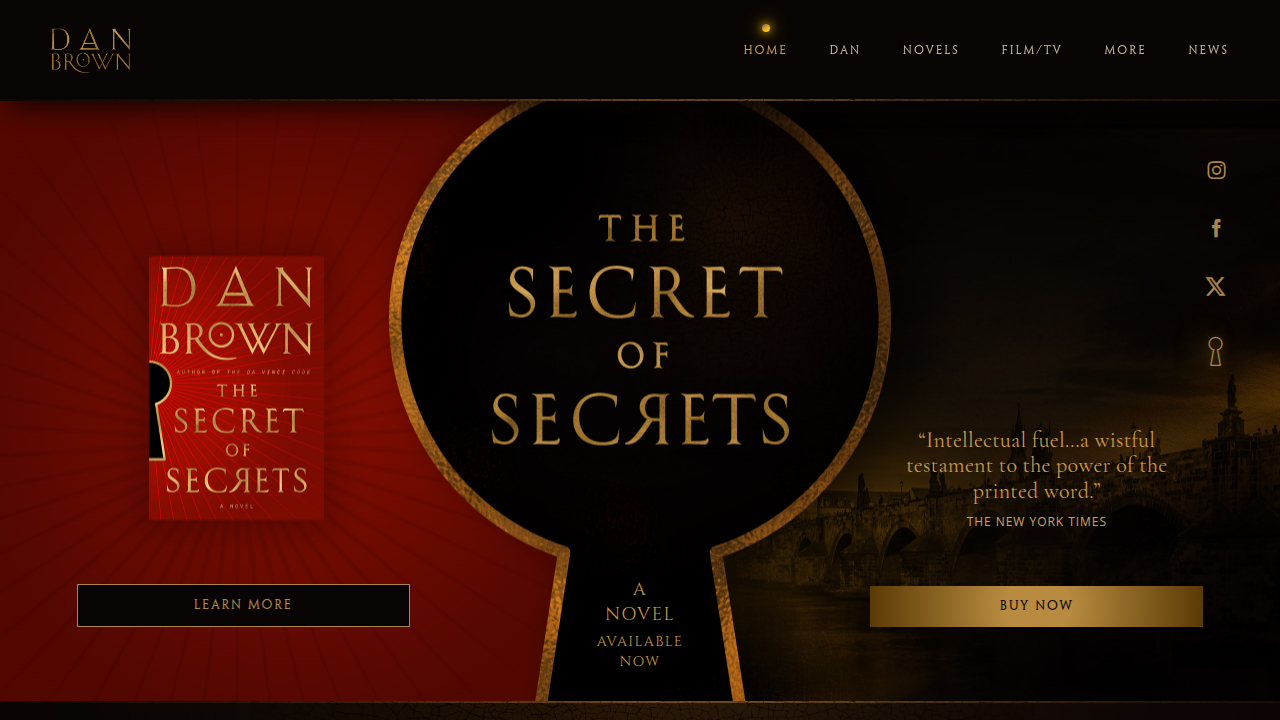 A screenshot of Dan Brown's official website, a primary source for confirmed book lists and series information.