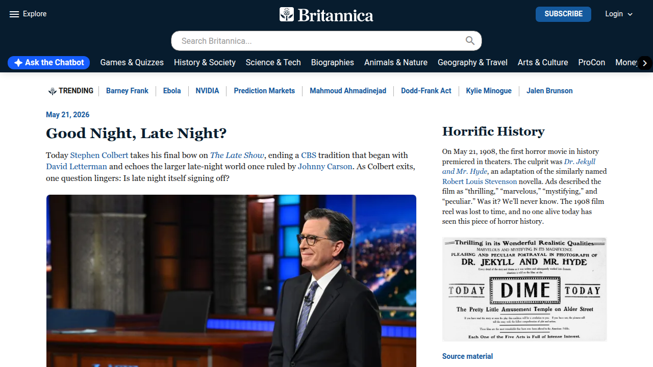 A screenshot of the Britannica homepage, a reputable source for biographical and general knowledge information.