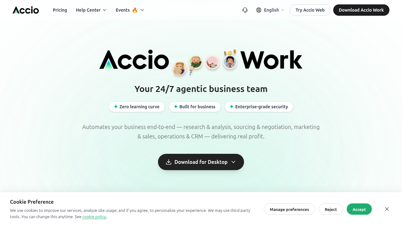 The Accio Work homepage, a business research and trend analysis platform, highlighting their coverage of the fantasy book market.