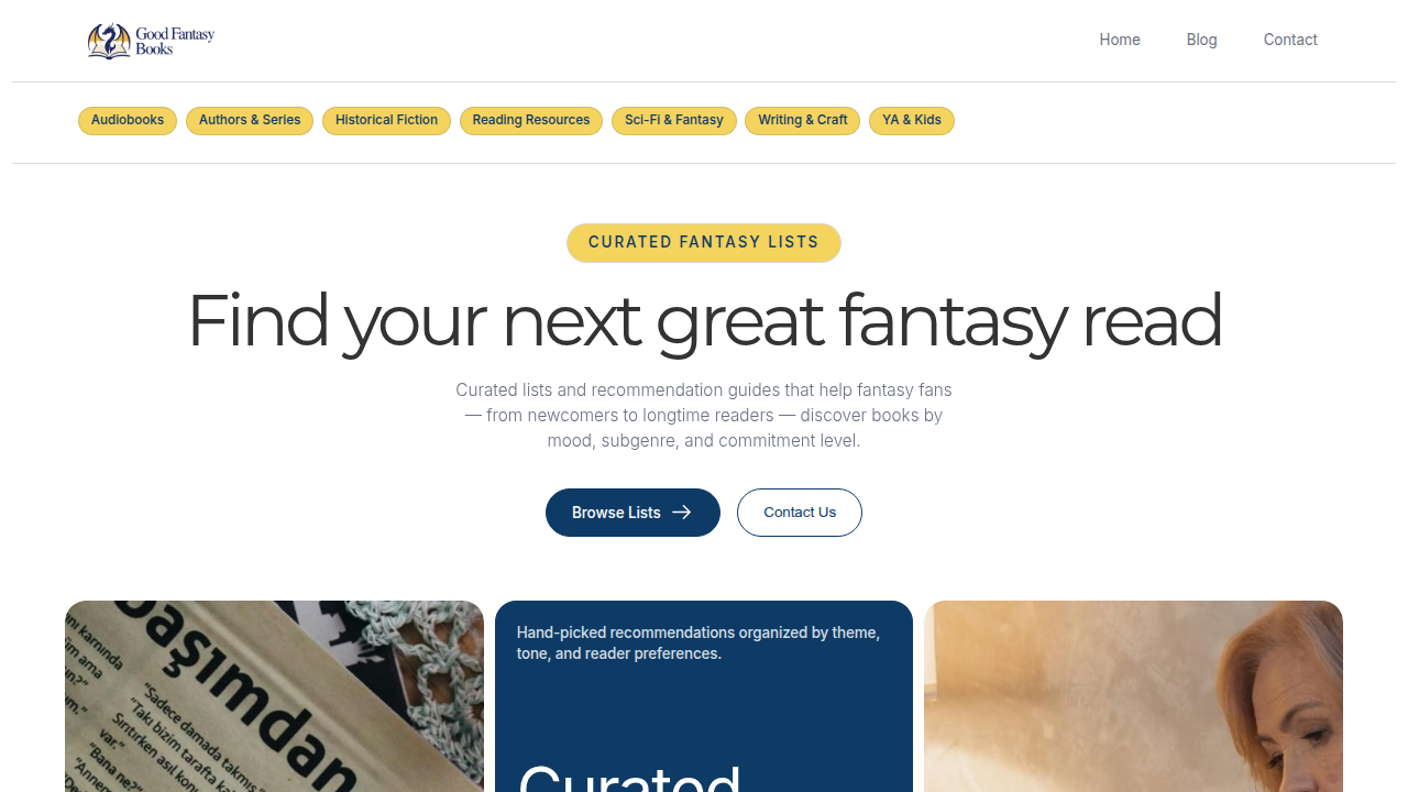 The homepage for Good Fantasy Books, a resource for curated book recommendations and guides, including fantasy titles for teens.