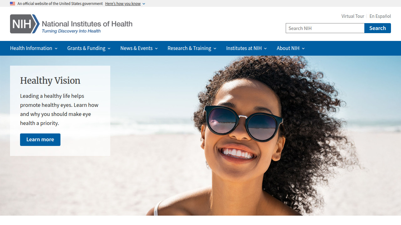 The homepage for the National Institutes of Health (NIH), a primary federal agency for biomedical and public health research.
