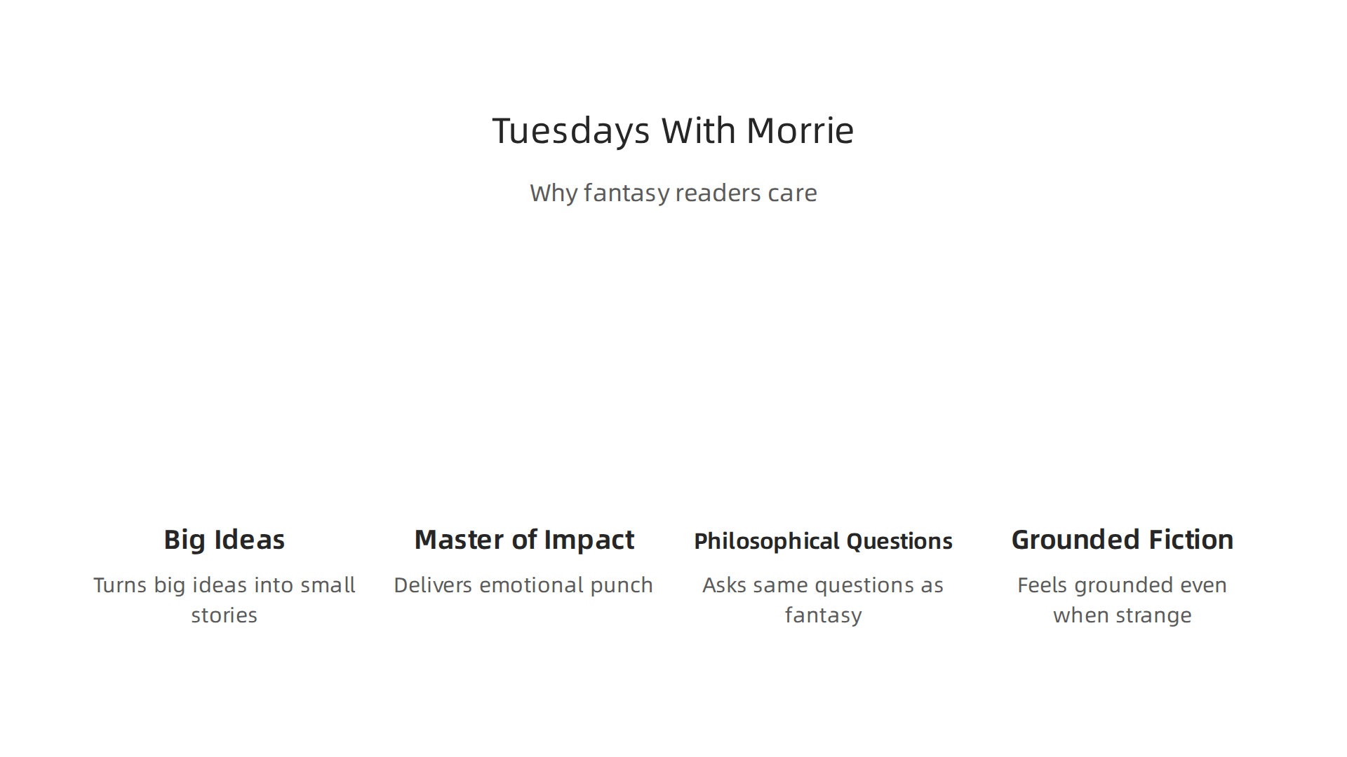 Despite being a memoir, Tuesdays with Morrie reveals themes and storytelling techniques central to Mitch Albom's later fantasy-adjacent works.