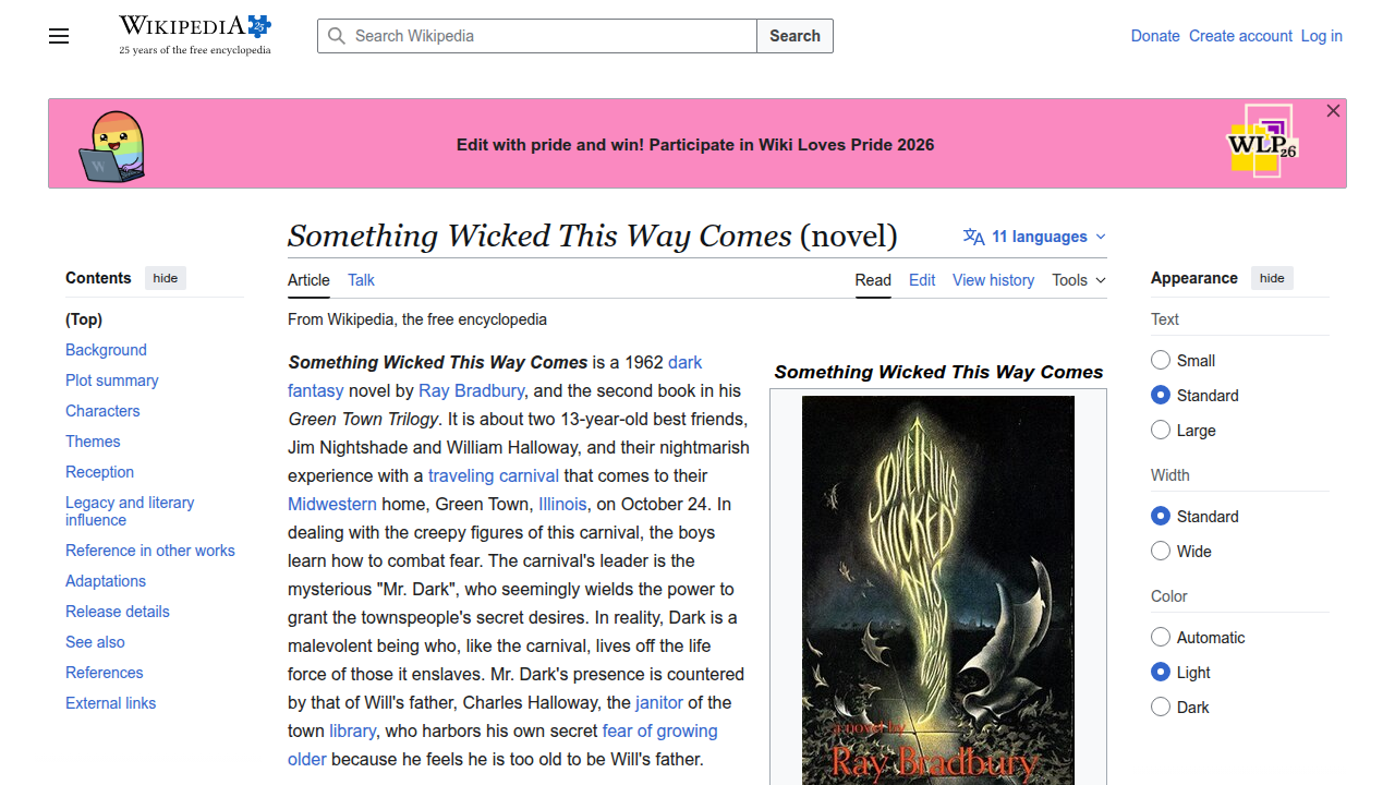 The Wikipedia entry for Ray Bradbury's classic novel, "Something Wicked This Way Comes."