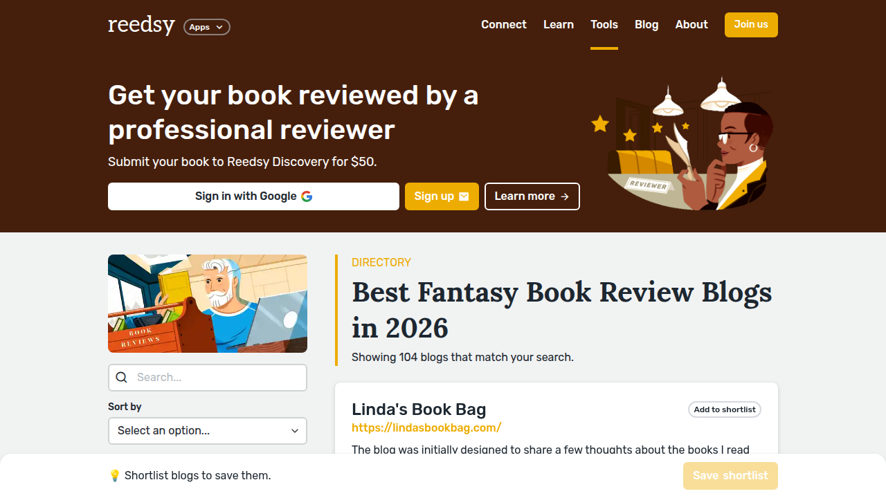 A page from Reedsy's resources, potentially listing fantasy book review blogs.