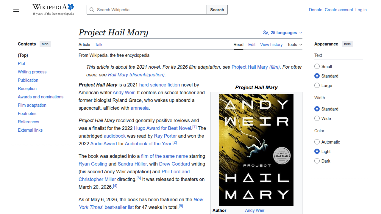 View the Wikipedia page for Project Hail Mary to learn more about its plot, characters, and critical reception.