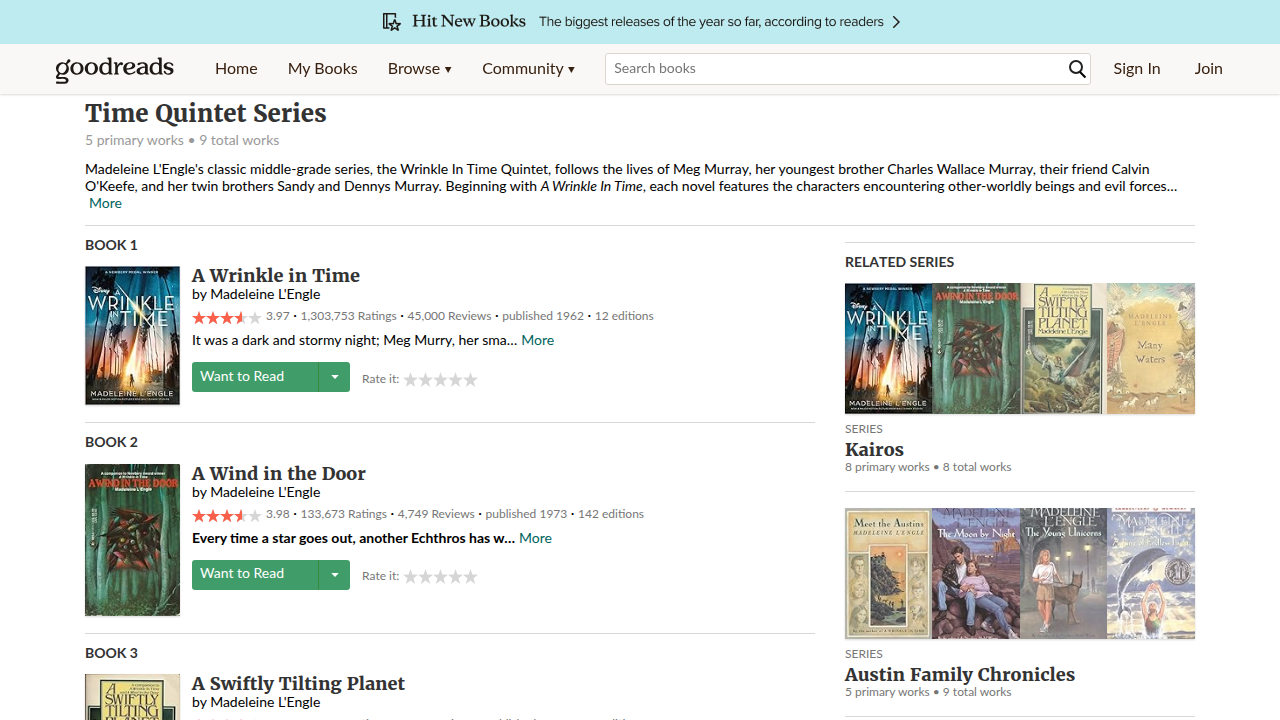 View the Goodreads page for Madeleine L'Engle's Time Quintet series, listing all five interconnected novels.