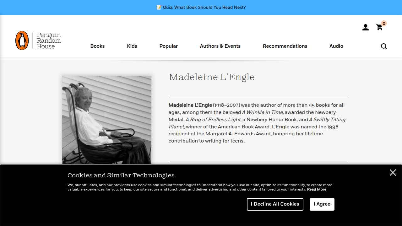 Visit Madeleine L'Engle's official author profile on Penguin Random House, detailing her bibliography and biographical information.