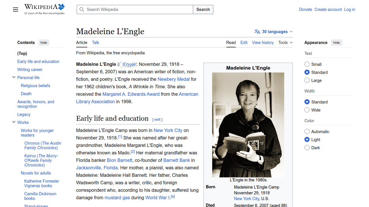 Reference the Wikipedia entry for Madeleine L'Engle, providing an overview of her life, works, and literary awards.