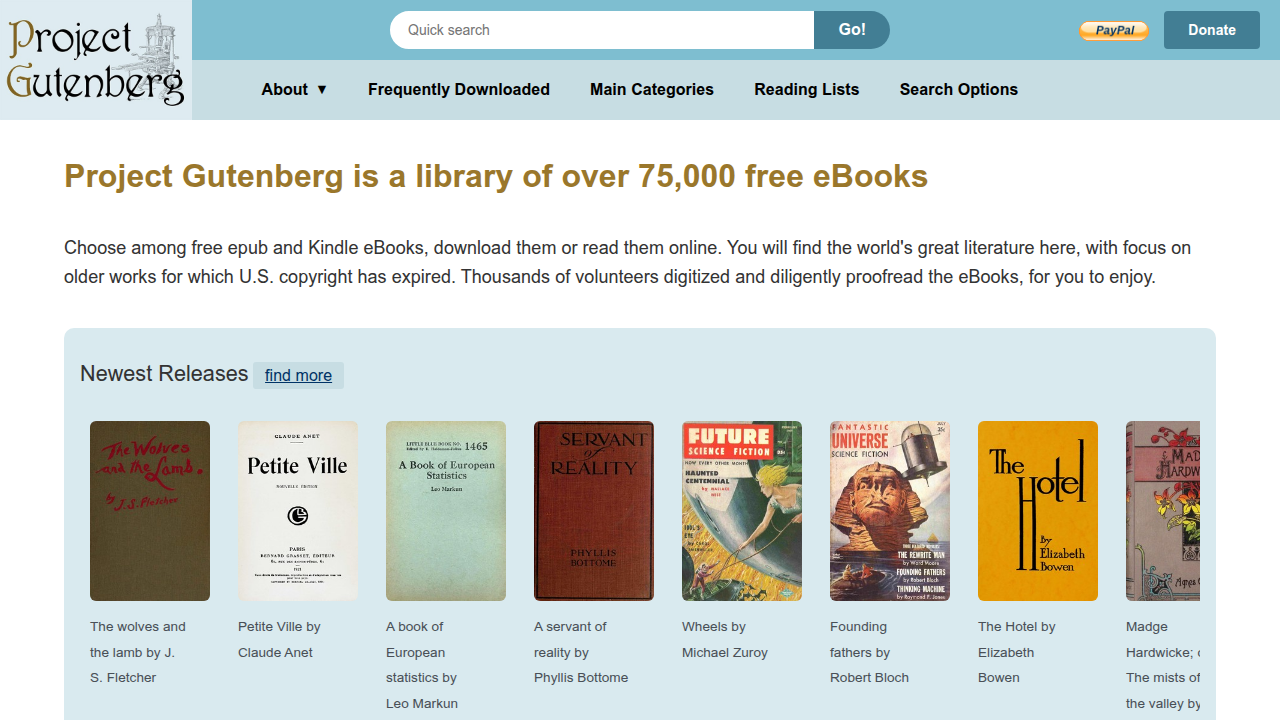 A screenshot of the Project Gutenberg website, showcasing its extensive collection of free public domain eBooks and audiobooks.