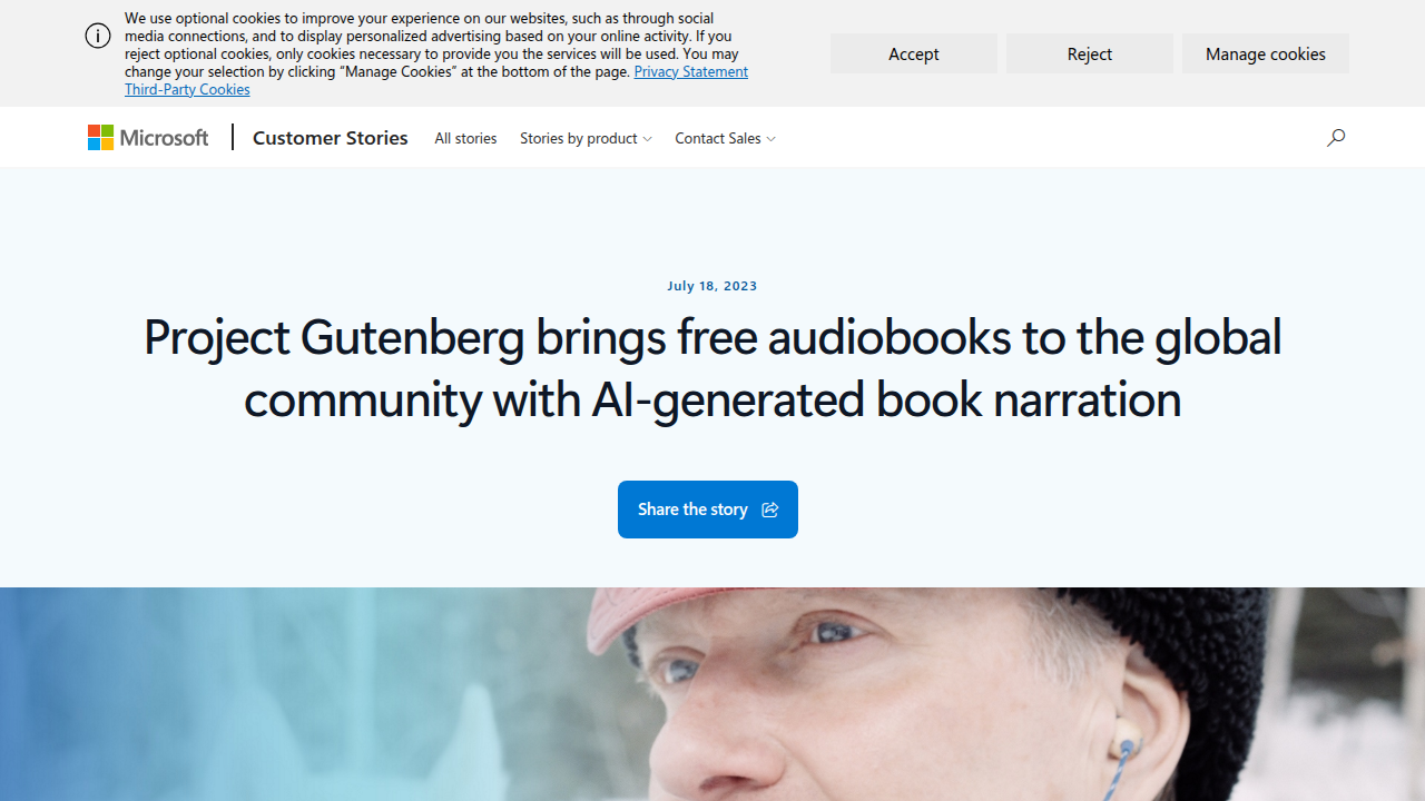 A screenshot of the Microsoft customer story highlighting their collaboration with Project Gutenberg to create AI-narrated audiobooks.