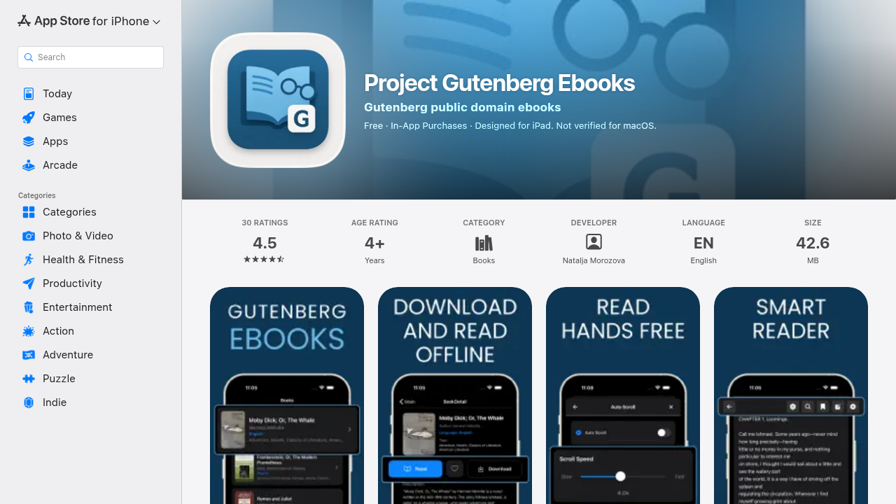 A screenshot of the Project Gutenberg Ebooks app page on the Apple App Store, showing its availability for iOS devices.