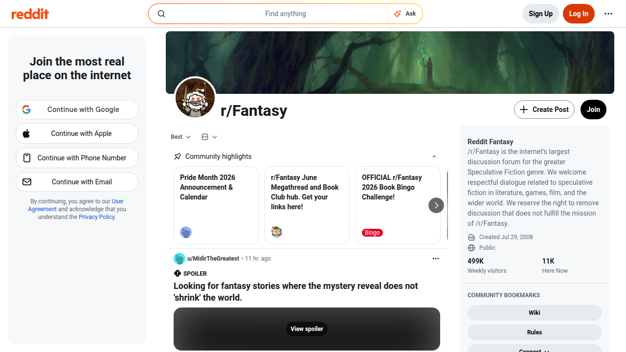 Engage with fellow fantasy readers on the r/Fantasy subreddit, a hub for discussions, recommendations, and genre news.