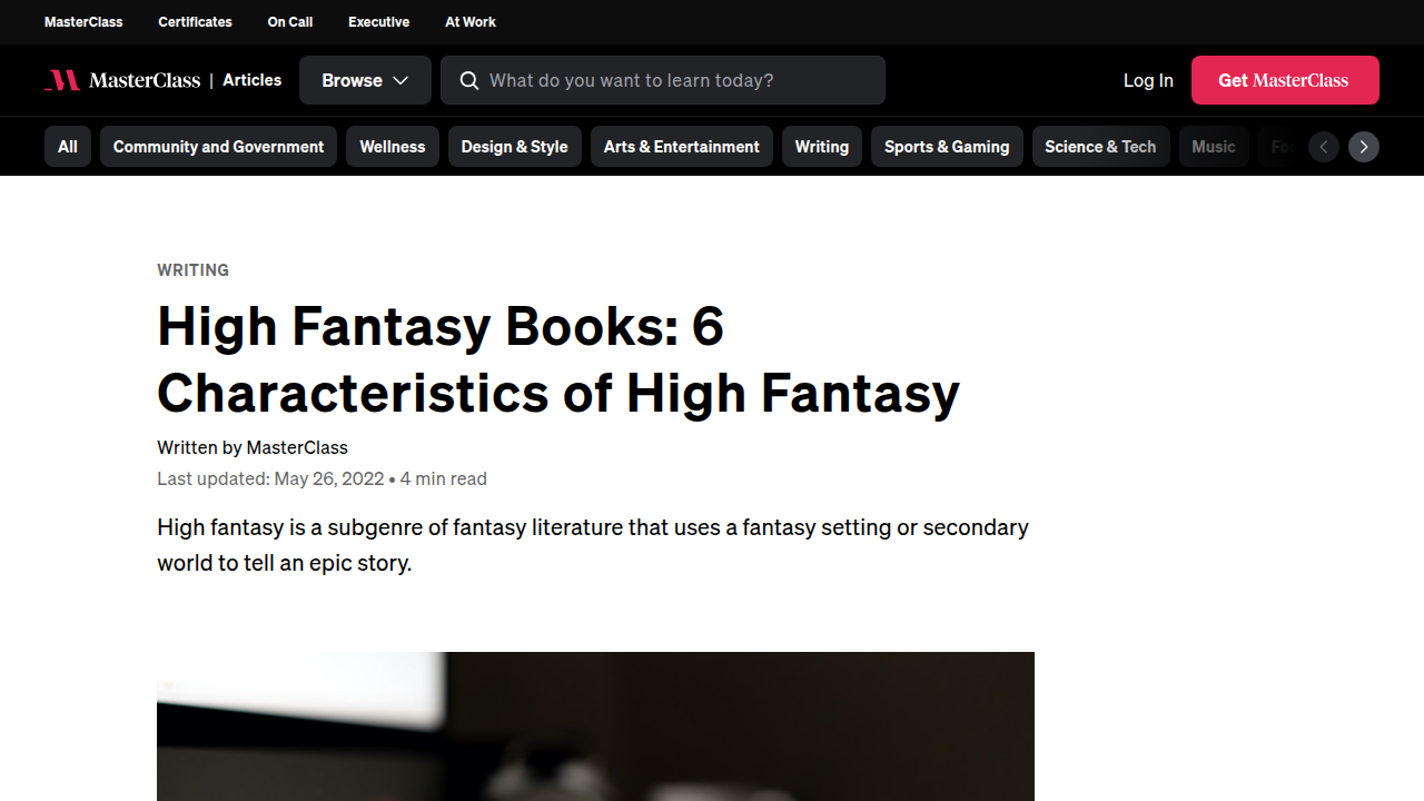 MasterClass article defining High Fantasy, explaining its core characteristics and literary significance.
