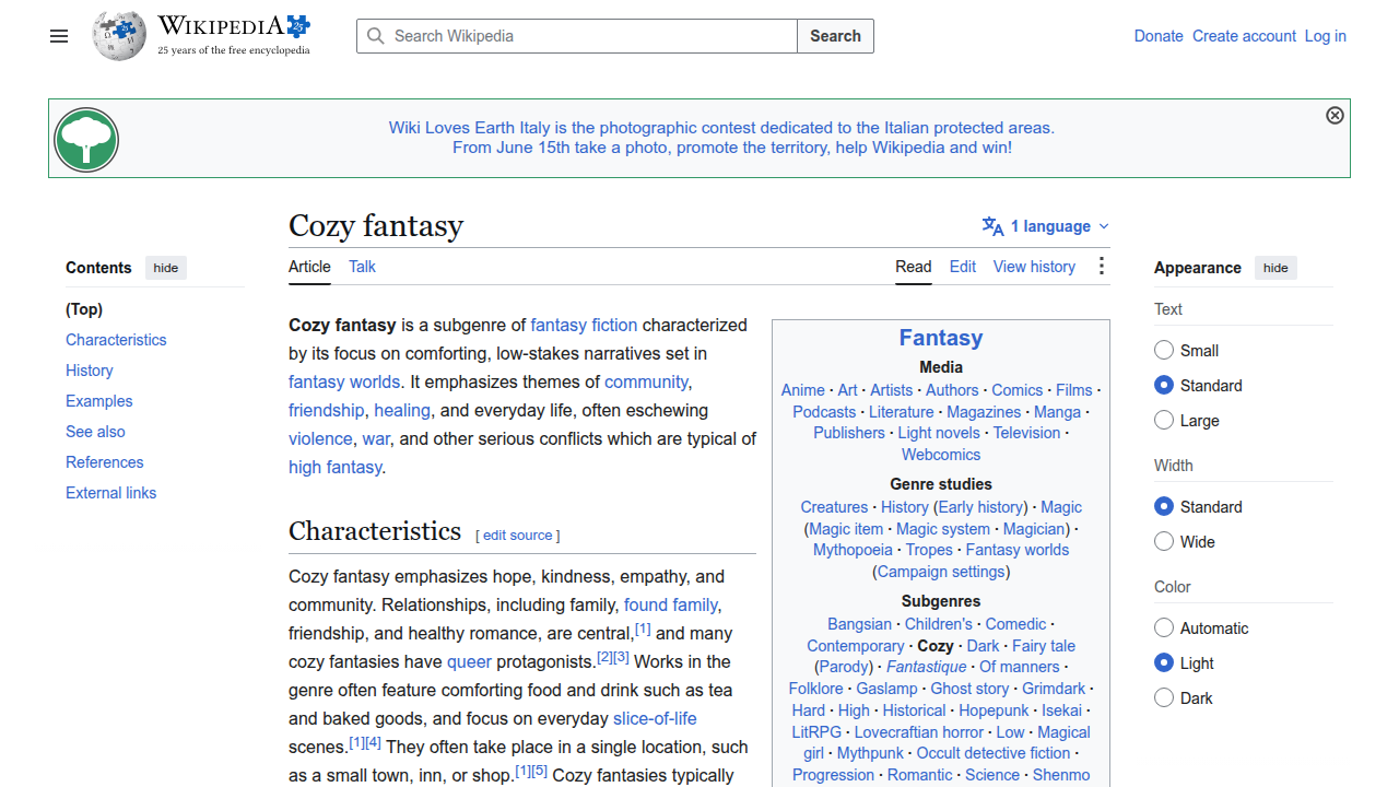 Screenshot of the Wikipedia page providing a comprehensive definition of cozy fantasy.