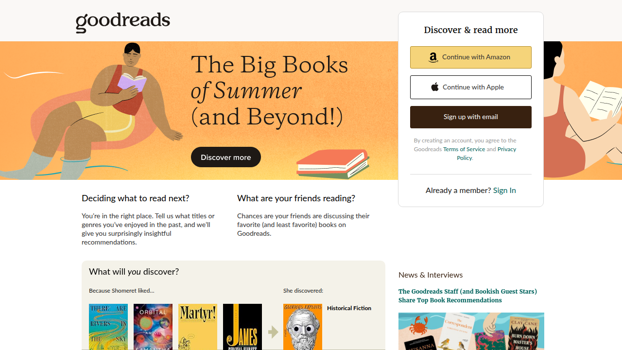 The homepage of Goodreads, a popular social cataloging website for books and readers.