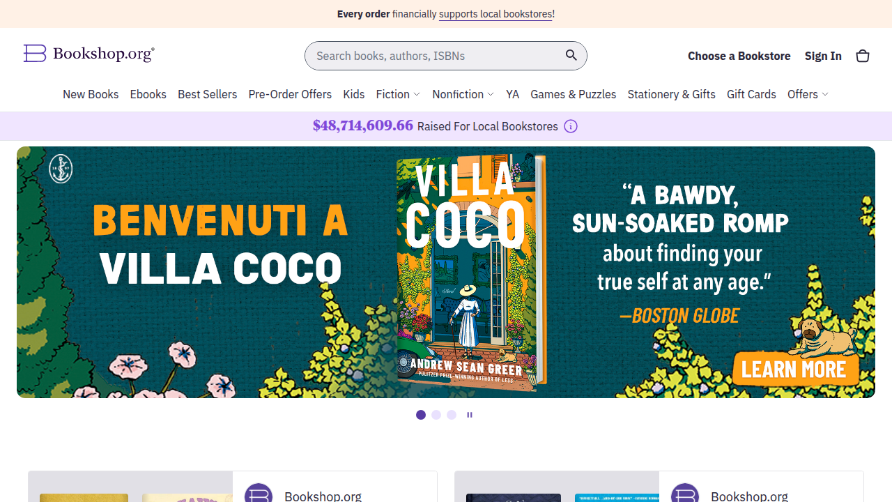 The homepage of Bookshop.org, an online bookstore supporting independent local bookstores.